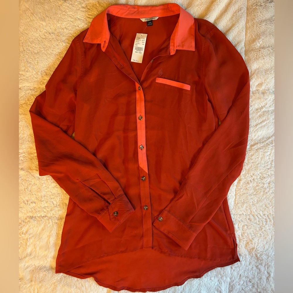 NWT Volcom Red/Orange Sheer Button-Up Blouse